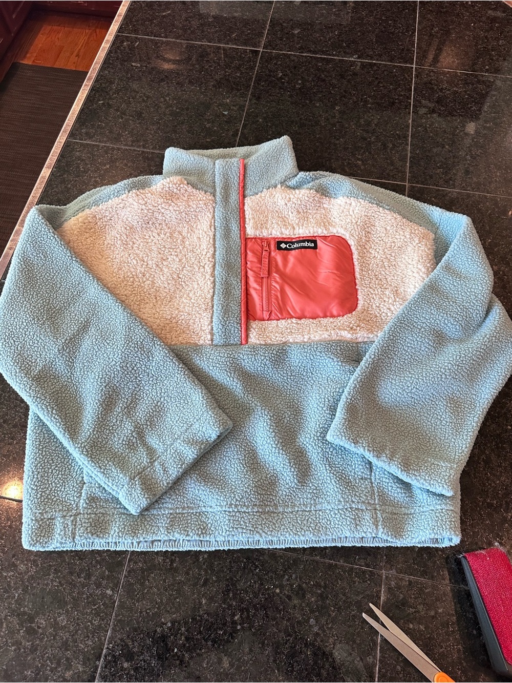 Columbia Lodge Half Snap  Blue/Cream Sherpa Fleece Pullover Size L. NWOT